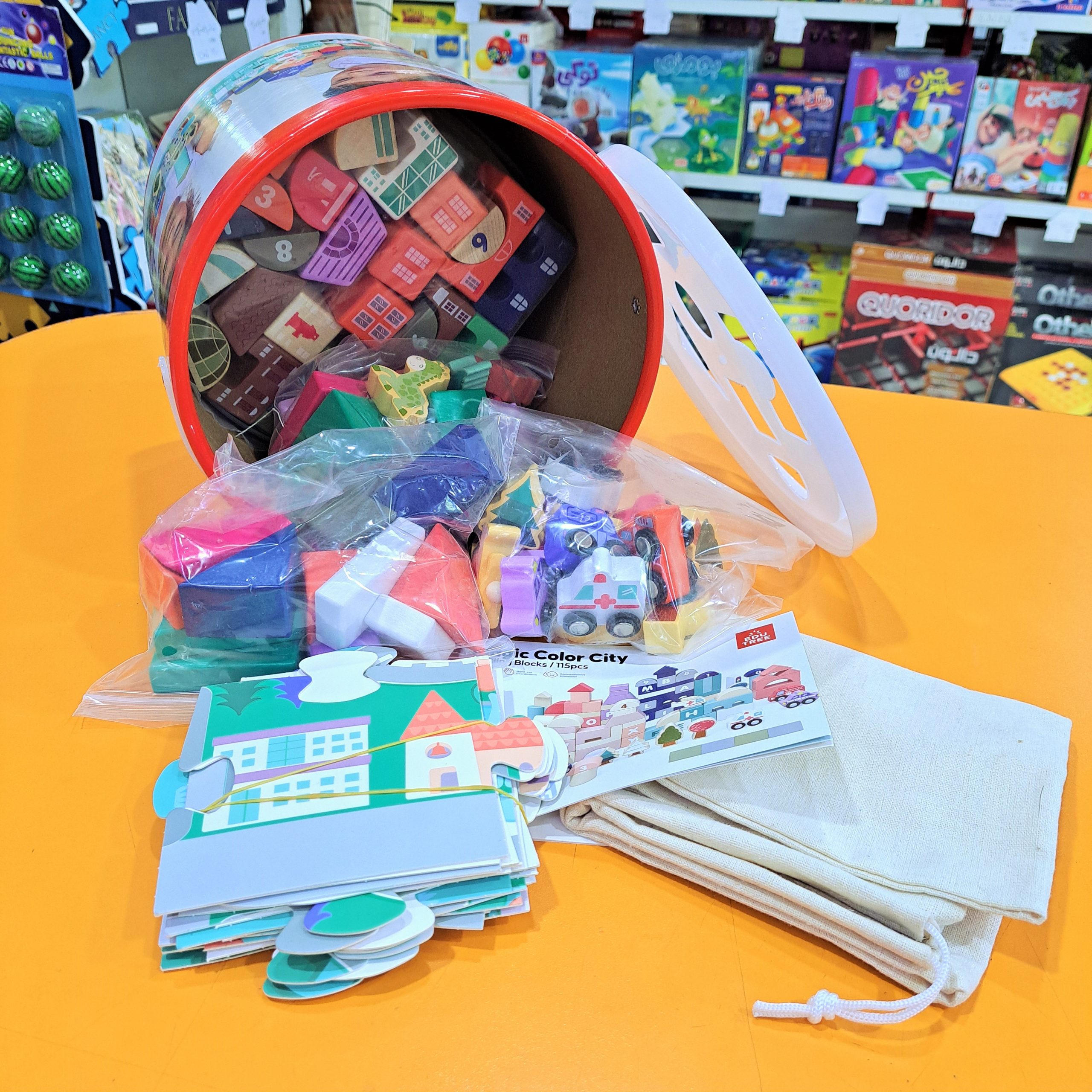 بریکس چوبی 115 قطعه سطلی + پازل قطعات درشت.برند موانزی - تصویر 2